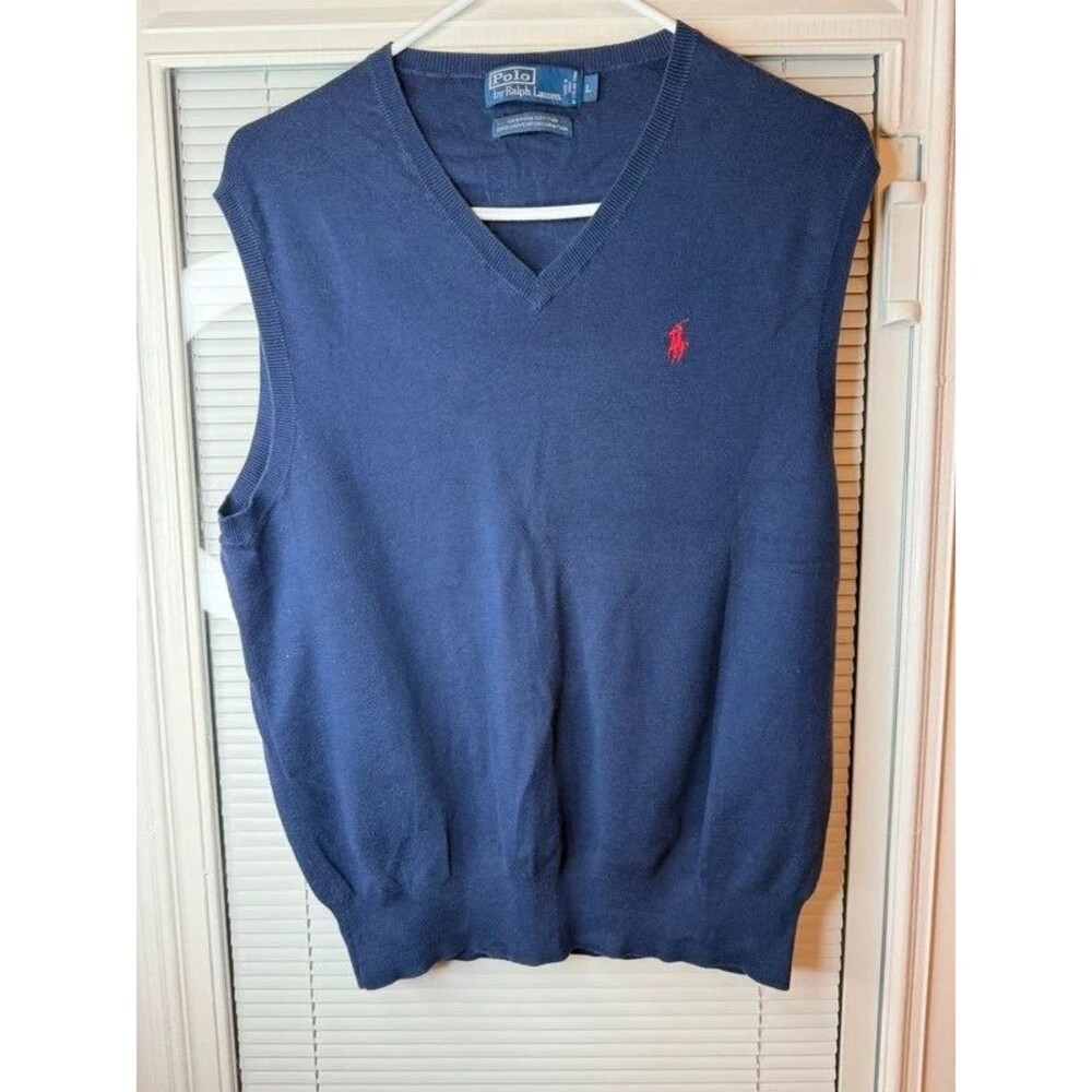 Polo Ralph Lauren Men’s L Navy Pima Cotton V-Neck Sweater Vest Red Pony